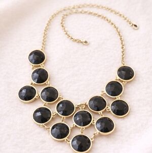 Chico’s Black & Gold Statement Necklace • Hammered Disc Bib • Faceted Stones